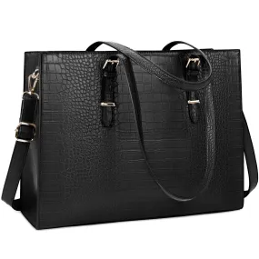 15.6 inch Laptop Tote Bag Leather Classy Computer Briefcase for Work Waterproof Handbag Professional Shoulder Bag Women Business Office Bag Large Capacity Black