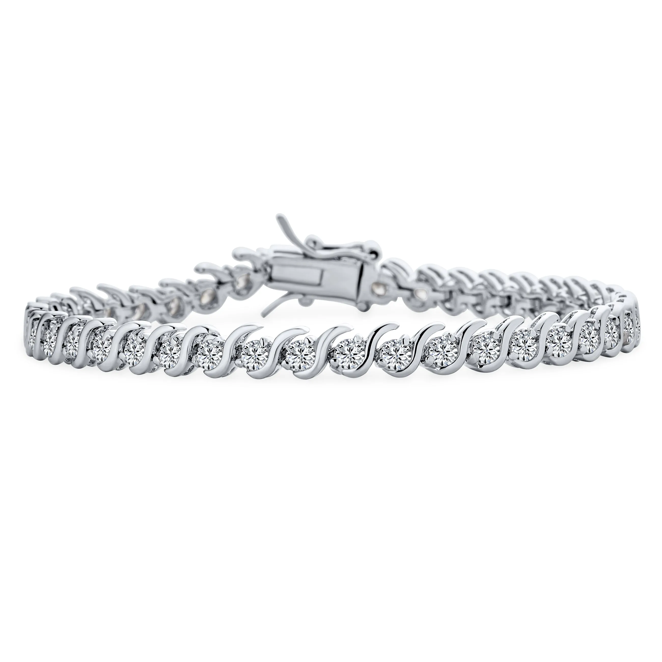 4 MM Bridal Wave S Link CZ Solitaire Tennis Bracelet Silver 7,7.5"