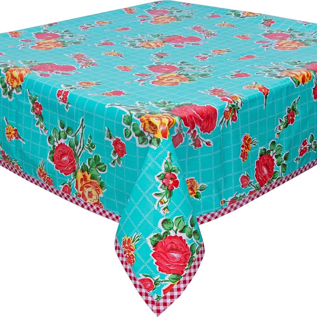 48 x 102 Rose and Grid Aqua Tablecloth with Red Gingham Trim