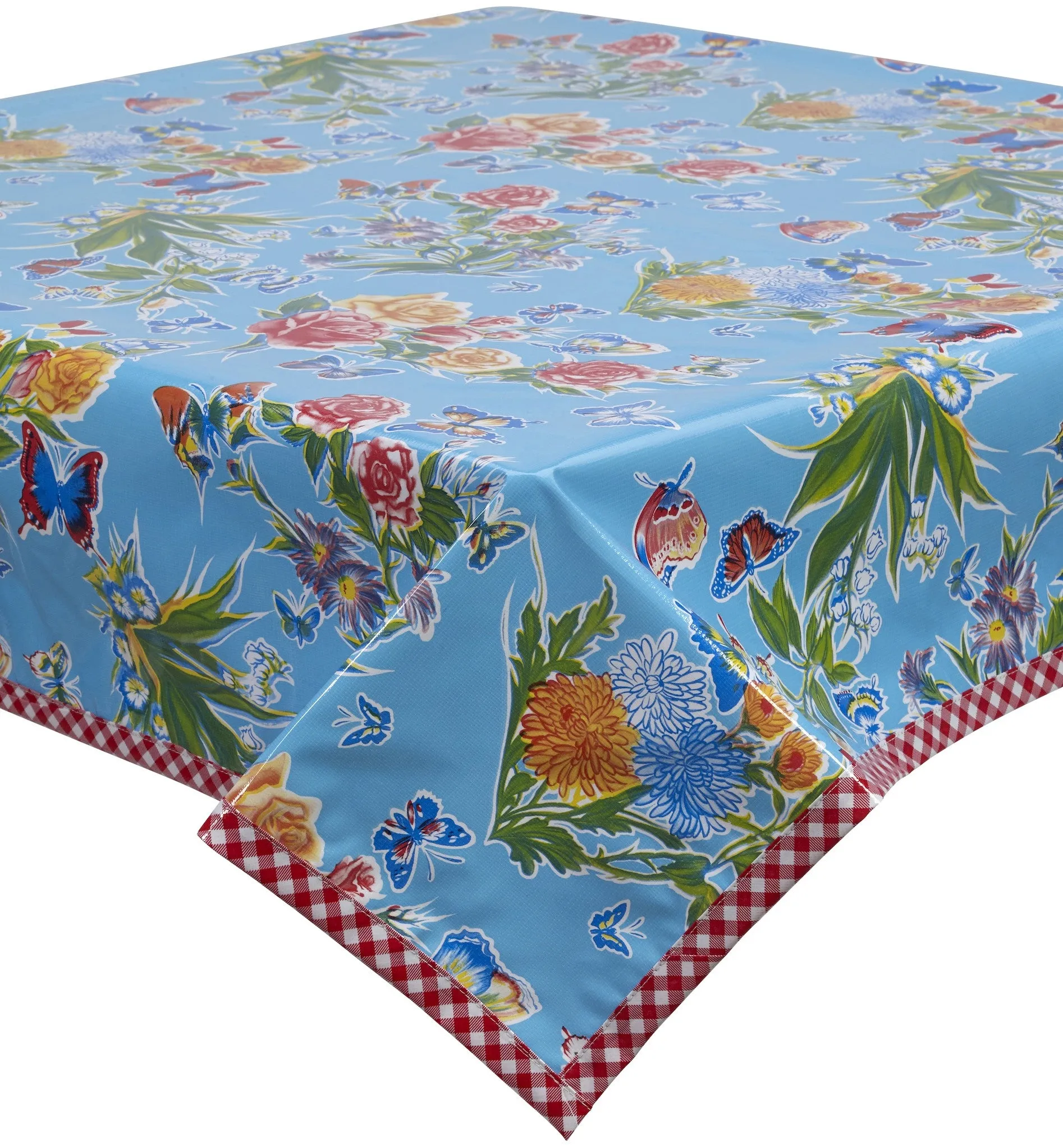 48 X 84 Edgar's Butterfly Light Blue Oilcloth Tablecloth with Red Gingham Trim