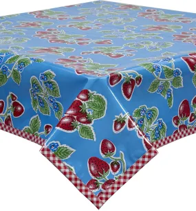 48 x 84 Strawberry Light Blue Oilcloth Tablecloth with Red Gingham Trim