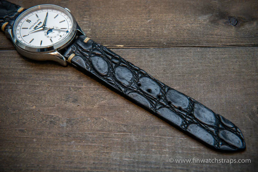 Alligator watch strap black matte, handmade in Finland