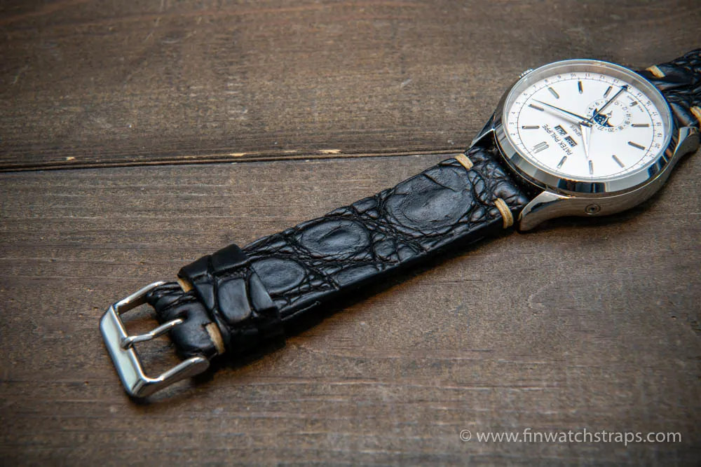 Alligator watch strap black matte, handmade in Finland