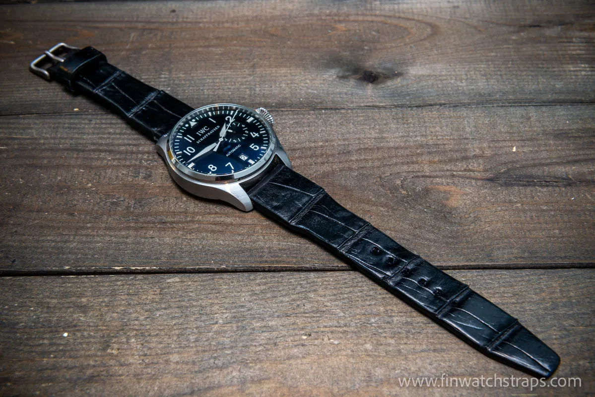 Alligator watch strap for  IWC Big Pilot, handmade in Finland, fits watch lugs 19-24 mm.