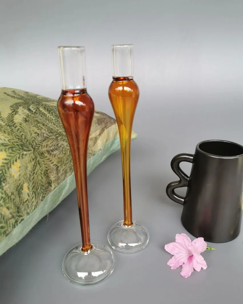 Amber Vintage Glass Candle Holders | Set Of 2 | 2 x 9 inches