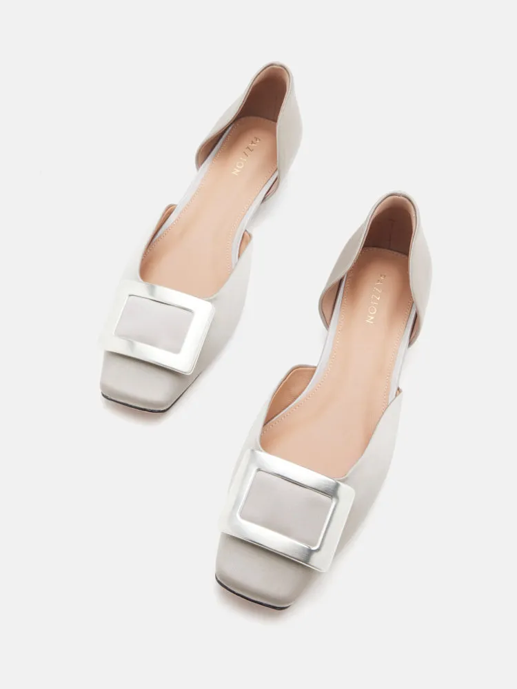 Beatrice Silver Square Buckle Flats