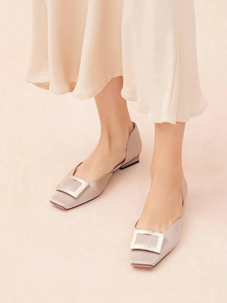 Beatrice Silver Square Buckle Flats