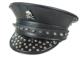 Black Patent Leather Captain Hat w/ Skull and Crossbone and Flat Round Stud Details