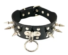 Black Patent Leather Collar w/ Silver Rivets, Spikes and Ring Details