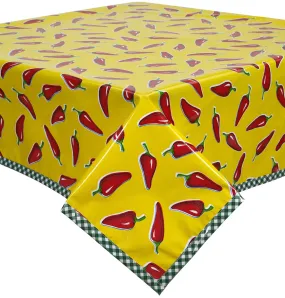 Chili Peppers on Yellow Oilcloth Tablecloth with Green Gingham Trim