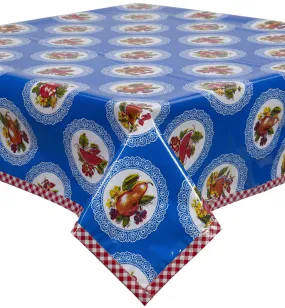 Doily Blue Oilcloth Tablecloth with Red Gingham Trim