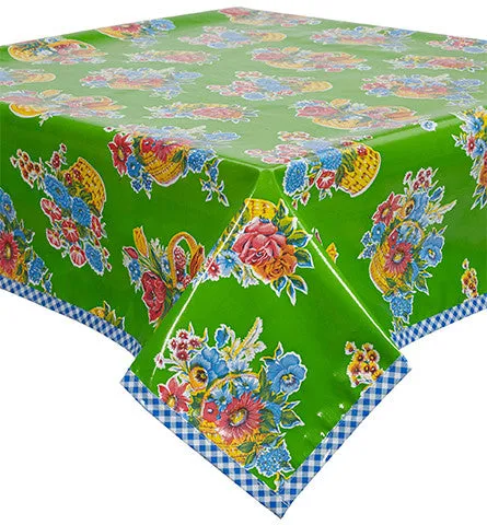 Flower Basket Lime Oilcloth Tablecloth with Blue Gingham Trim