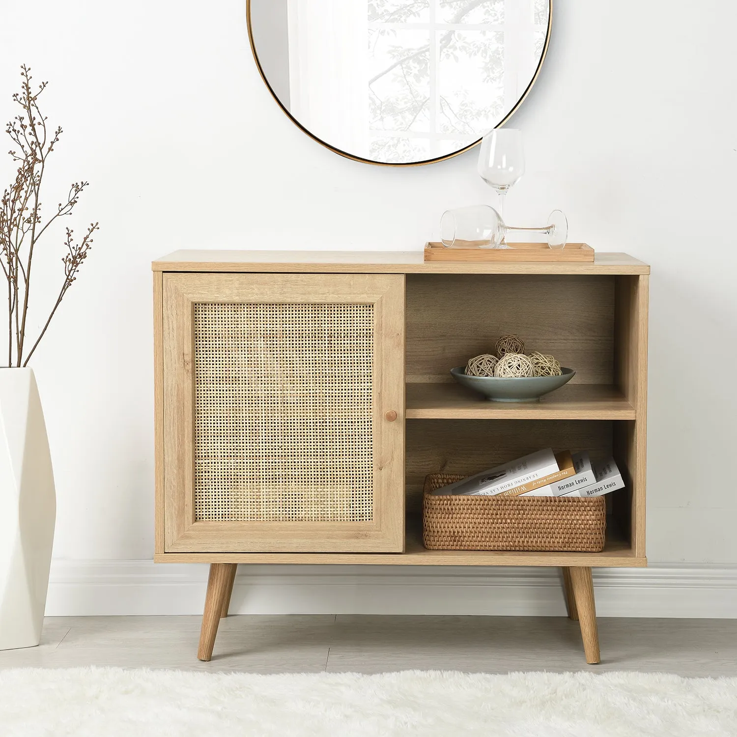 Frances Woven Rattan 1-Door Cabinet in Natural