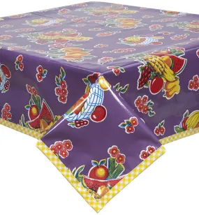 Fruit Basket Purple Oilcloth Tablecloth with Yellow Gingham Trim