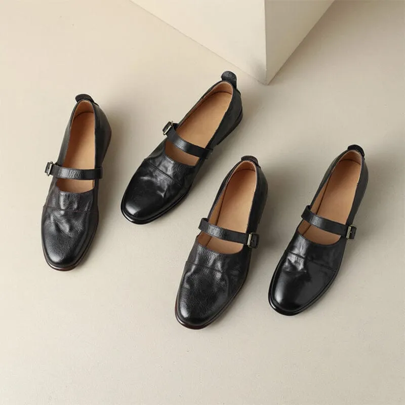 Handmade Leather Mary Jane Flats Ballerina Shoes in Black/Brown