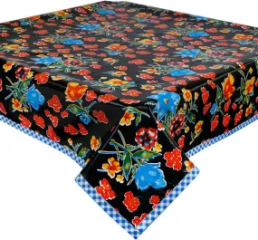 Istanbul Black with Blue Gingham Trim Oilcloth Tablecloth