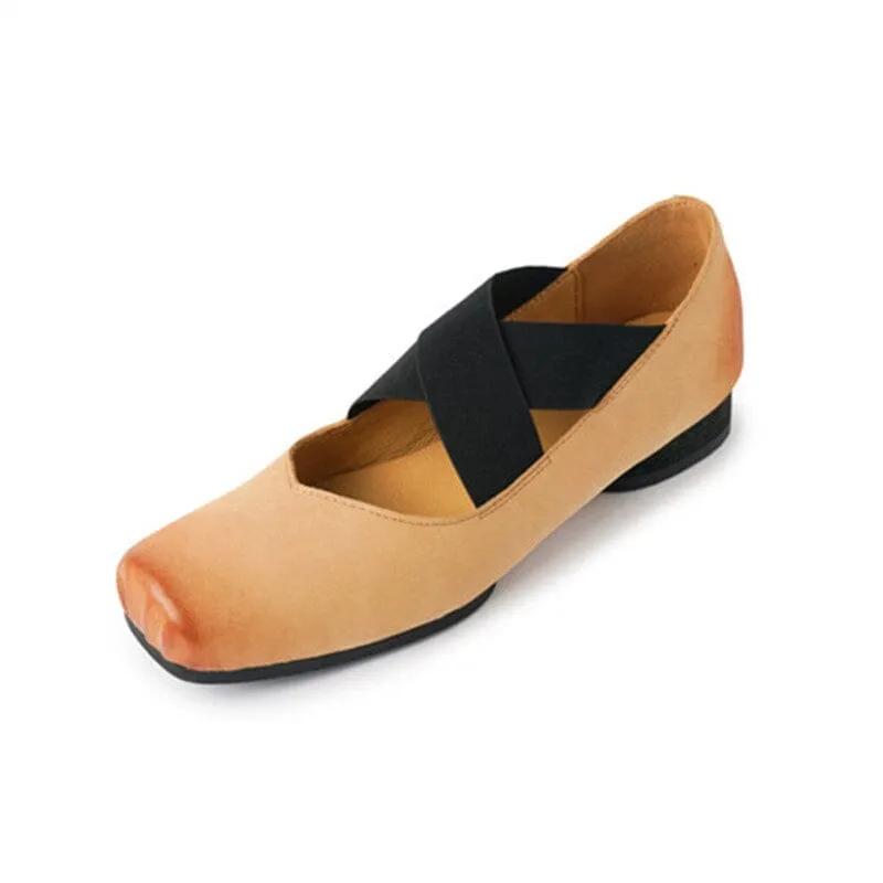 Leather Ballet Flats with Cross-Strap Square Toe in Black/Brown/Apricot