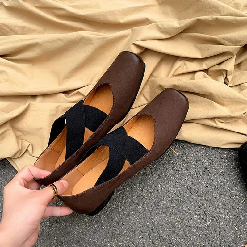 Leather Ballet Flats with Cross-Strap Square Toe in Black/Brown/Apricot