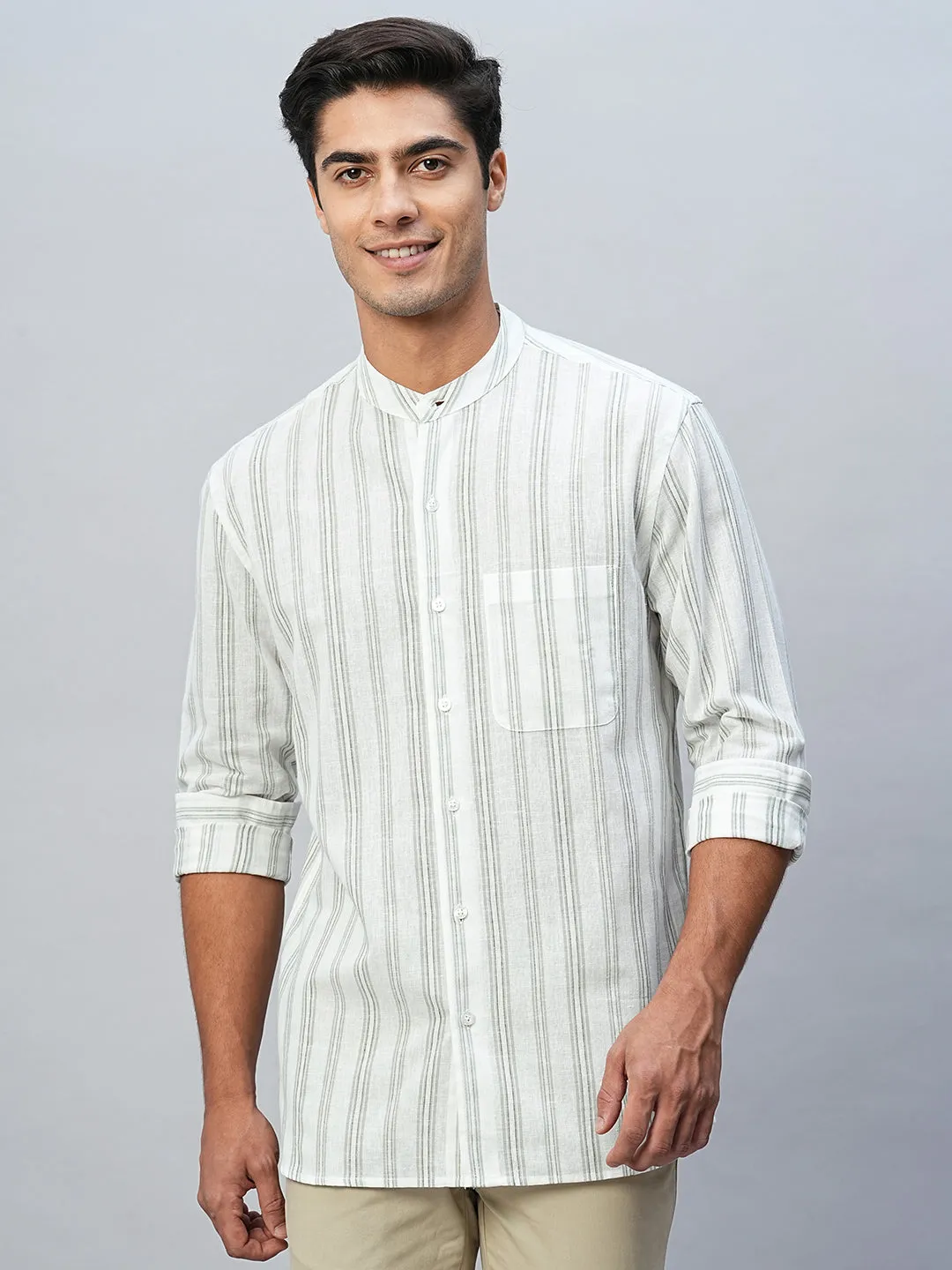 Men's Green Cotton Linen Regular Fit Striped Shirt