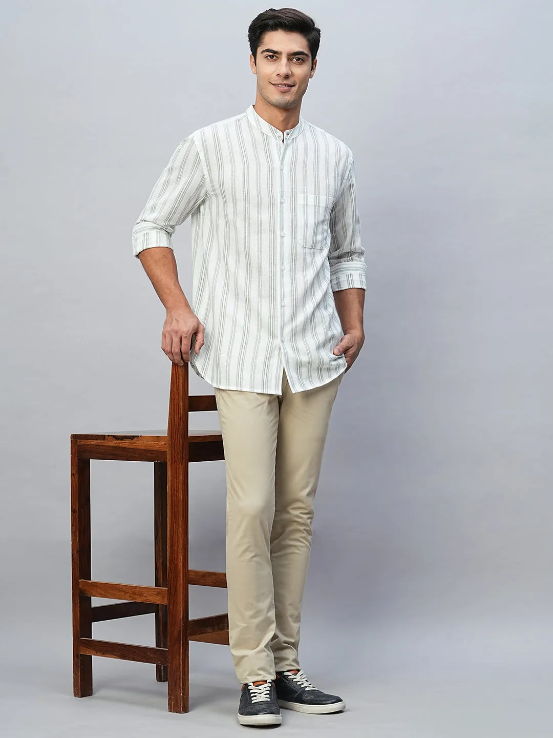 Men's Green Cotton Linen Regular Fit Striped Shirt