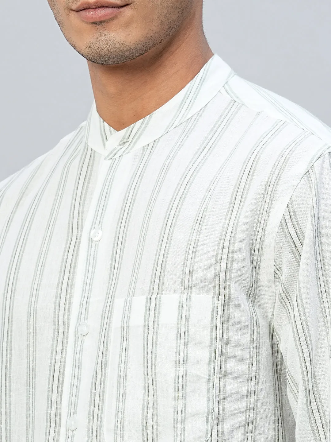 Men's Green Cotton Linen Regular Fit Striped Shirt