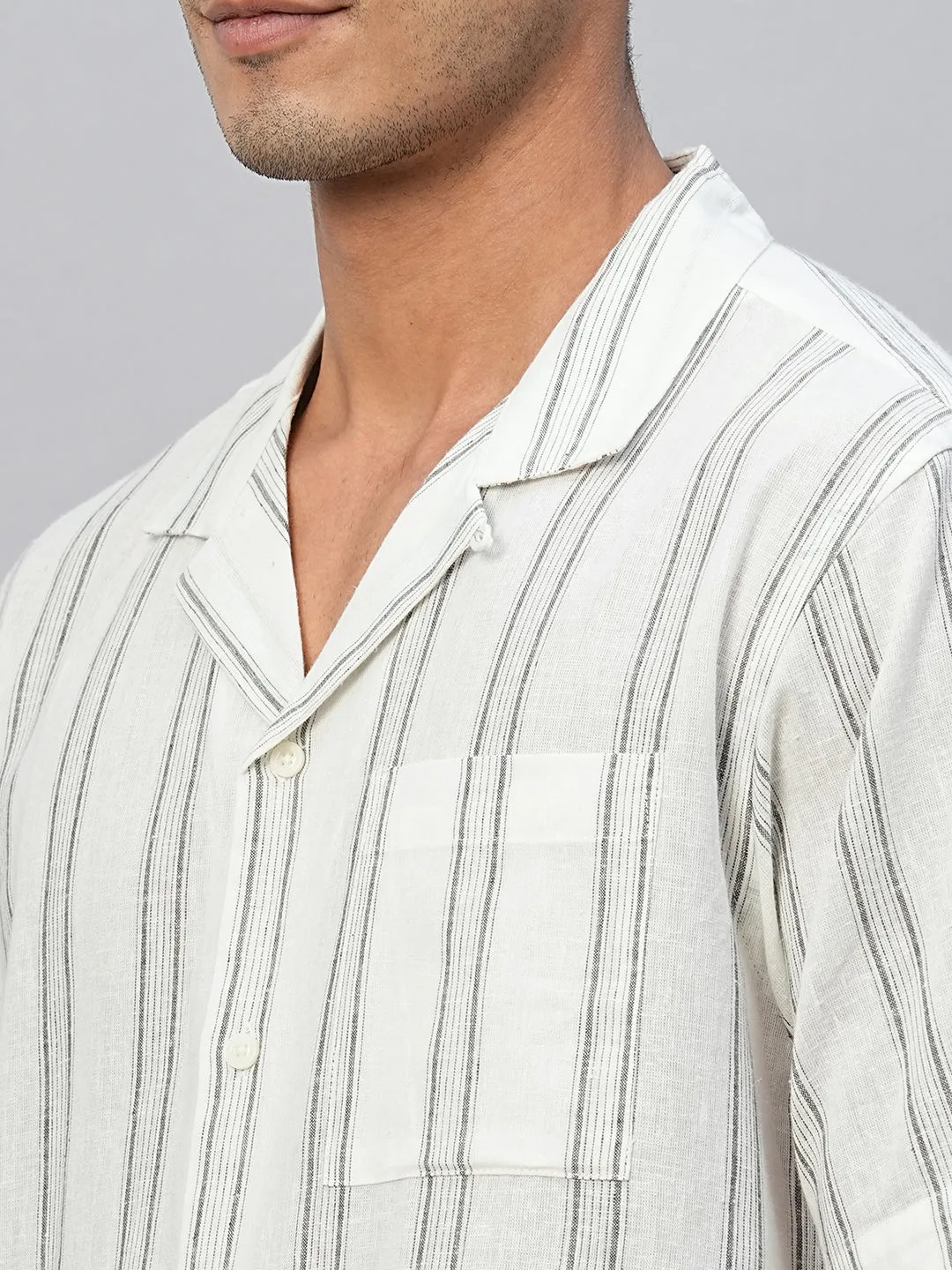 Men's White Linen Cotton Regular Fit Striped Shirt