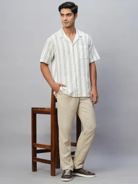 Men's White Linen Cotton Regular Fit Striped Shirt