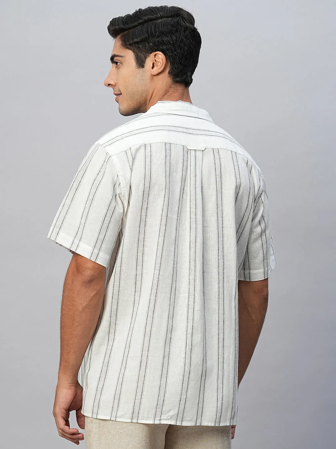 Men's White Linen Cotton Regular Fit Striped Shirt