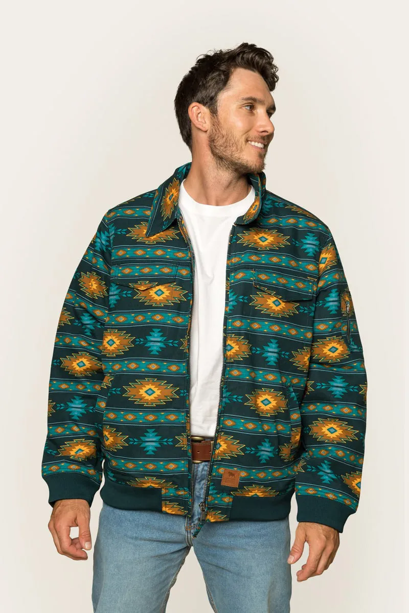 Mildura Mens Sherpa Bomber Jacket - Petrol Blue with Multi Print