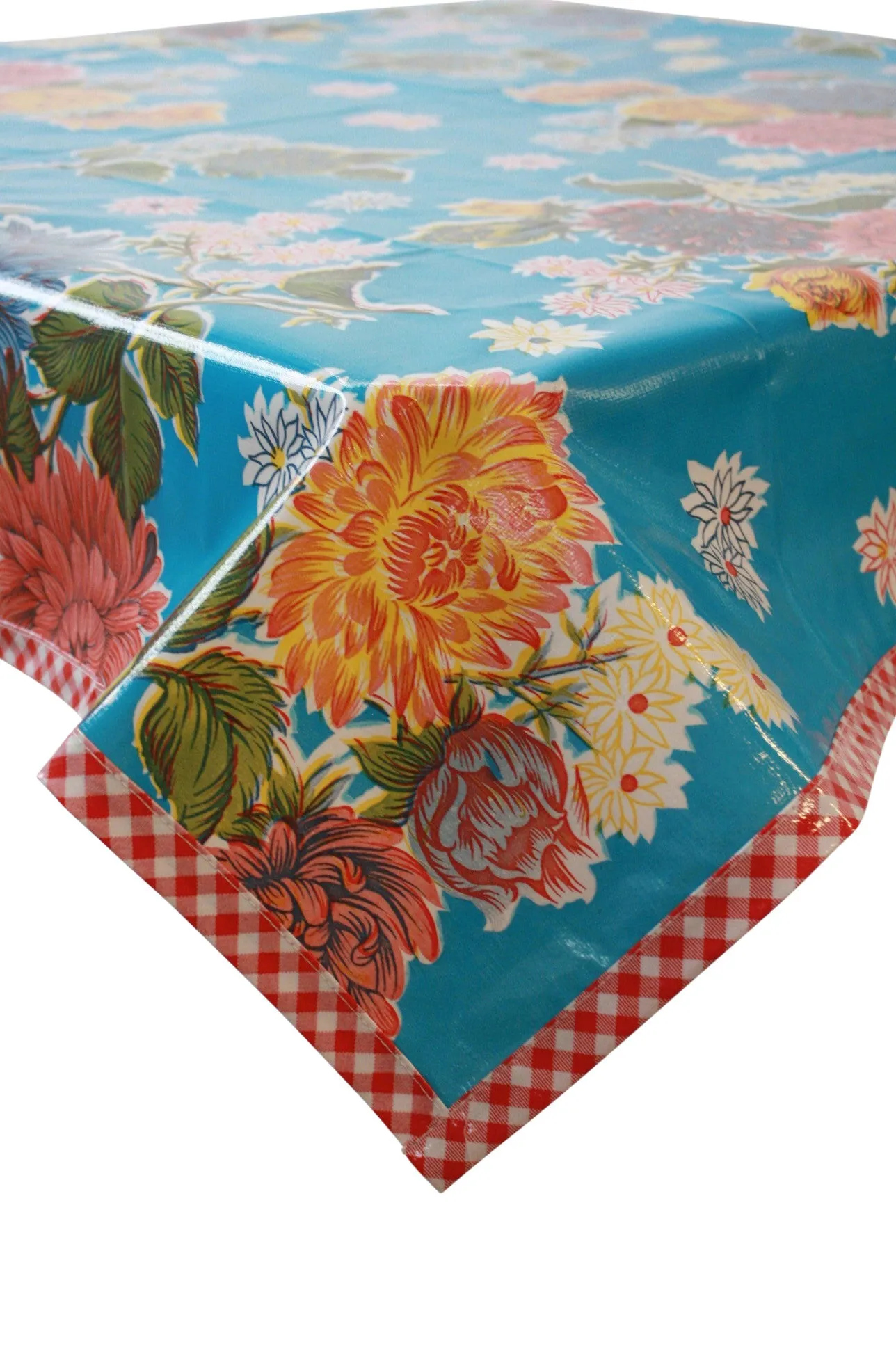 Mum Light Blue Oilcloth Tablecloth with Red Gingham Trim