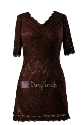 Vintage Short V-neck Lace Party Dress Strong Coffee Bridesmaid Dress(BM2531)